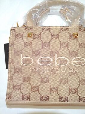bebe Beige Logo Satchel with Gold Studs